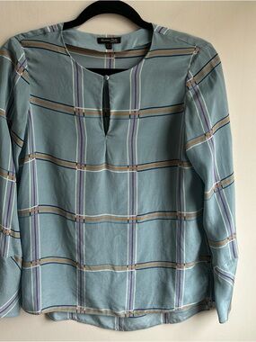 Massimo Dutti Sky Blue Plaid Keyhole Blouse Silk missing fabric tag